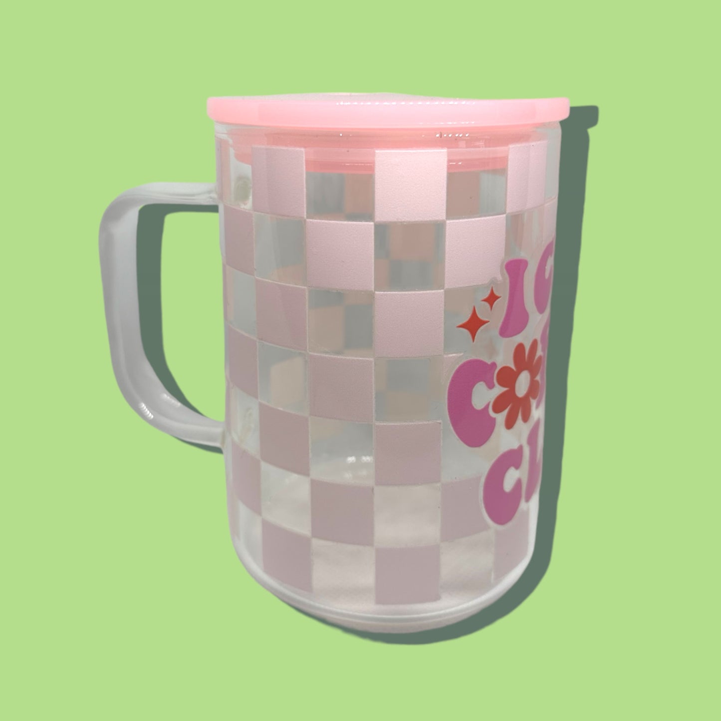 Glass pink iced coffee club cup with handle