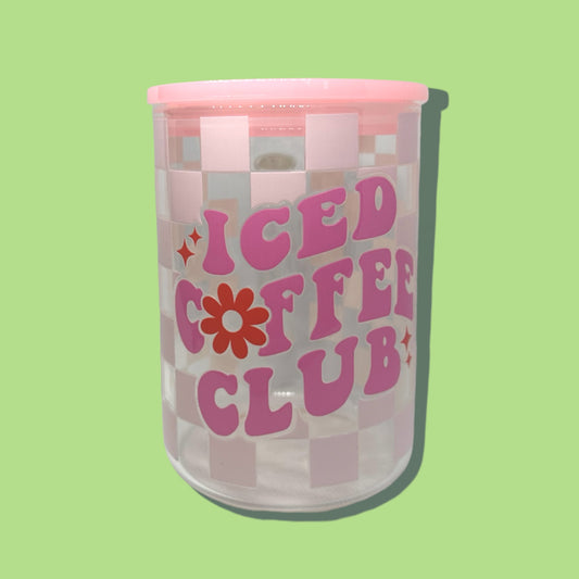 Glass pink iced coffee club cup with handle